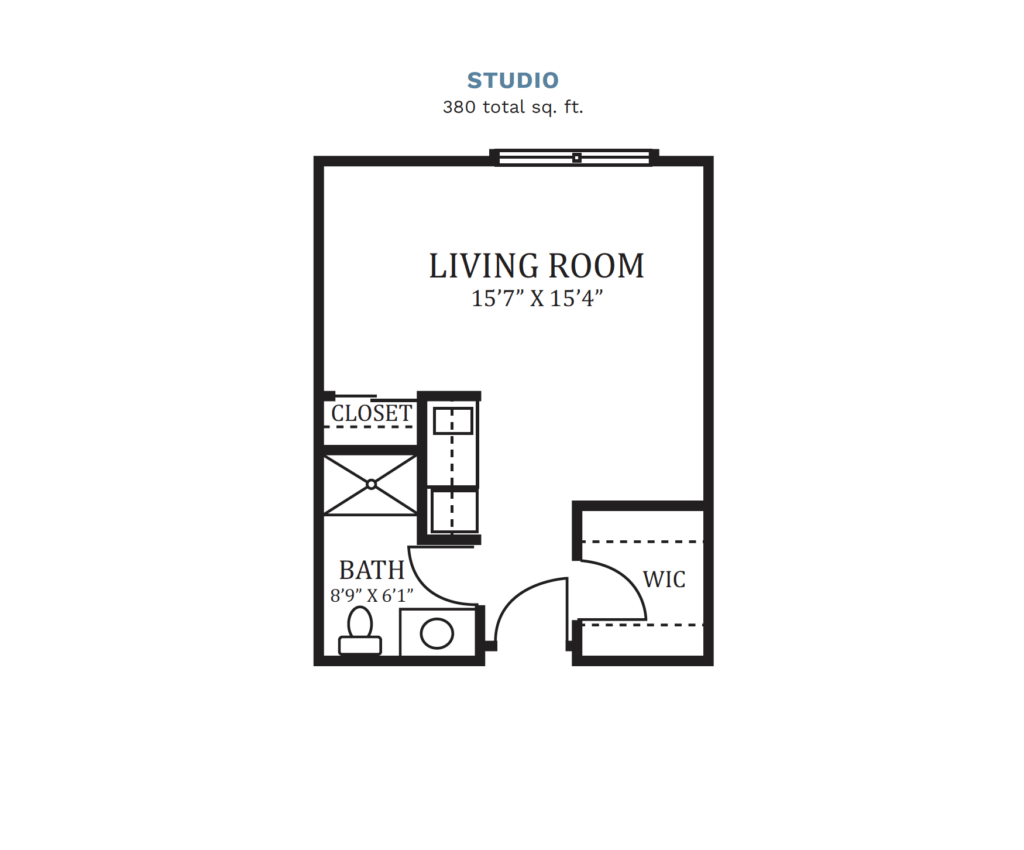 Sedgwick Plaza layout for a "Studio," 380 total square foot apartment. Apartment includes a combined bedroom and living room area, plus a bathroom, a walk in closet, and small kitchenette.