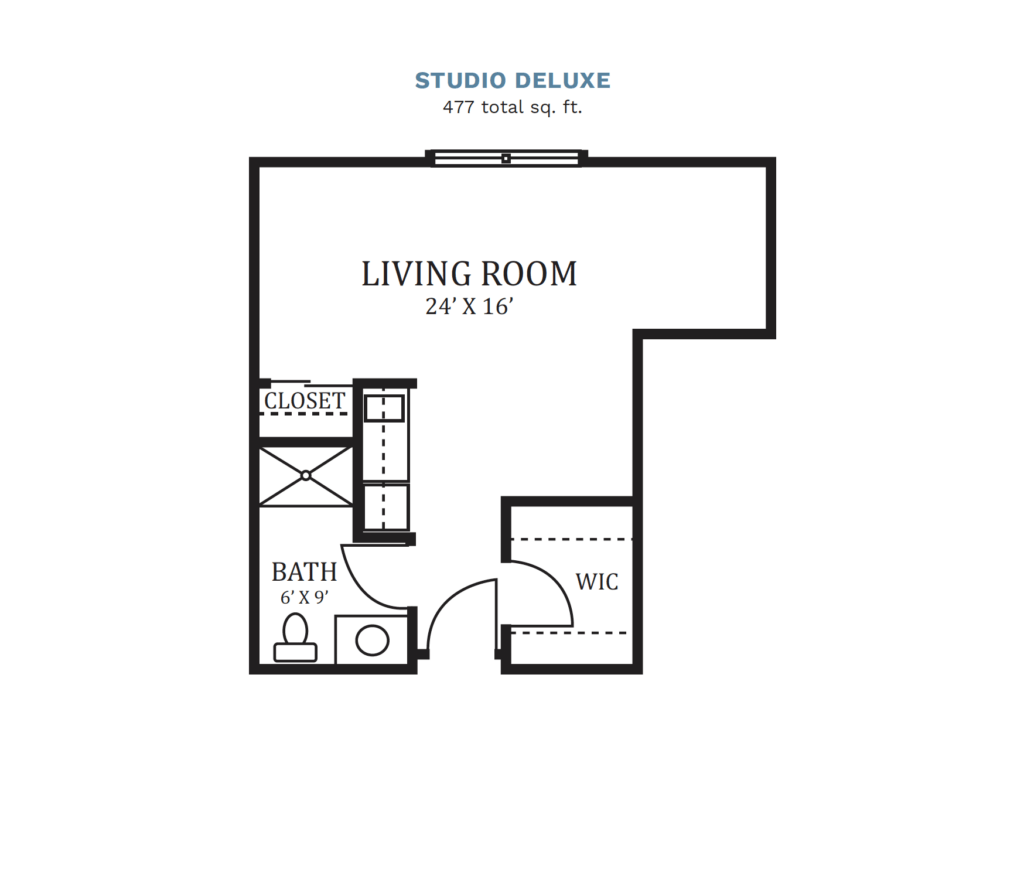Sedgwick Plaza layout for a "Studio Deluxe," 477 total square foot apartment. Apartment includes a combined bedroom and living room area, plus a bathroom, a walk in closet, and small kitchenette.
