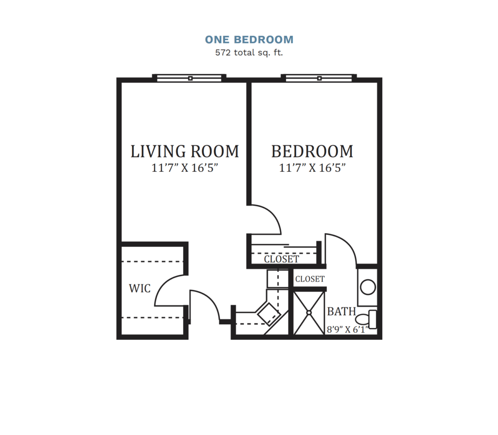 Sedgwick Plaza layout for a "One Bedroom," 572 total square foot apartment. Apartment includes a 1 bedroom, 1 bathroom, a walk in closet, a small kitchenette, and a spacious living room.