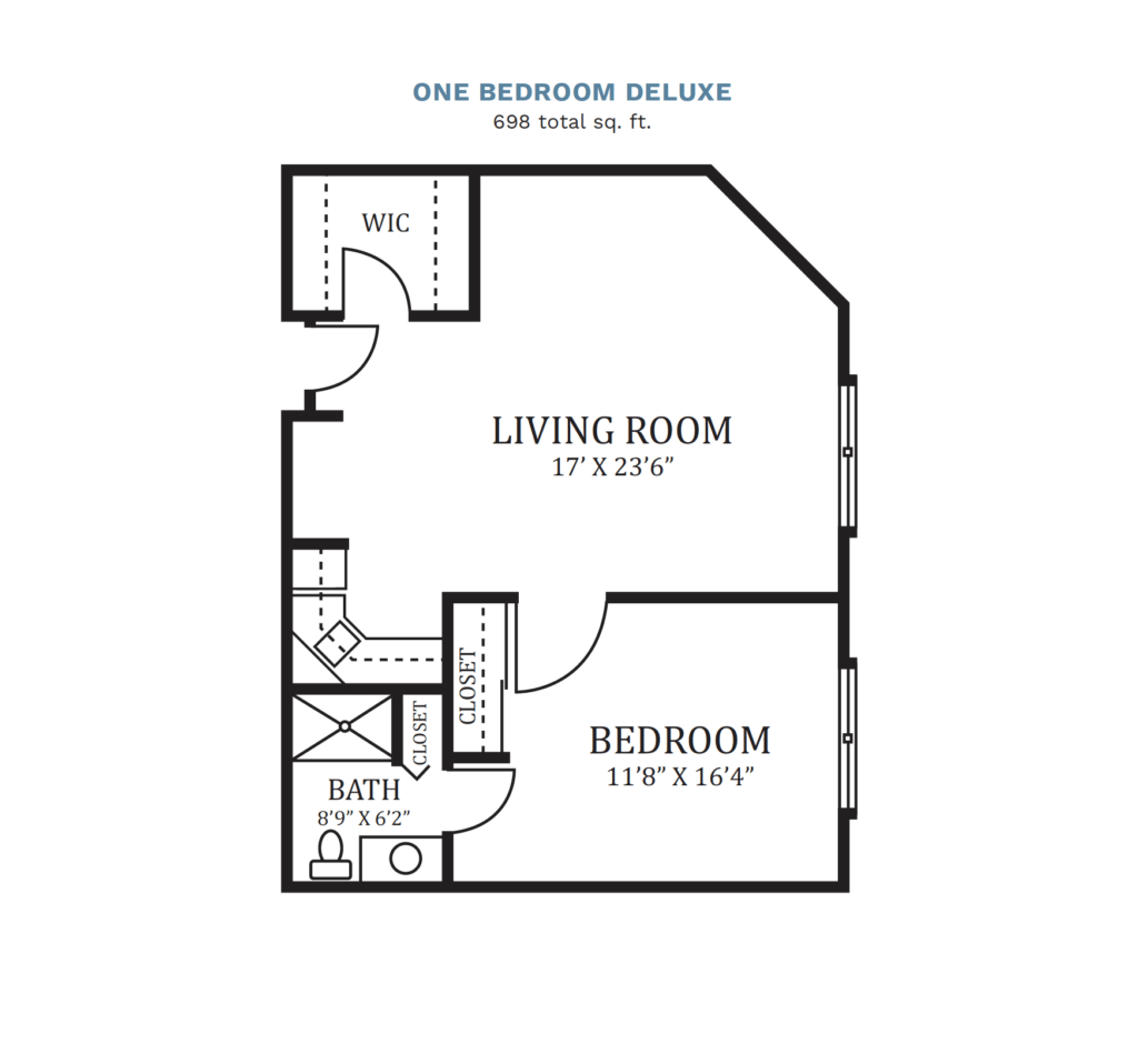 Sedgwick Plaza layout for a "One Bedroom Deluxe," 698 total square foot apartment. Apartment includes a 1 bedroom, 1 bathroom, a walk in closet, a small kitchenette, and a spacious living room.