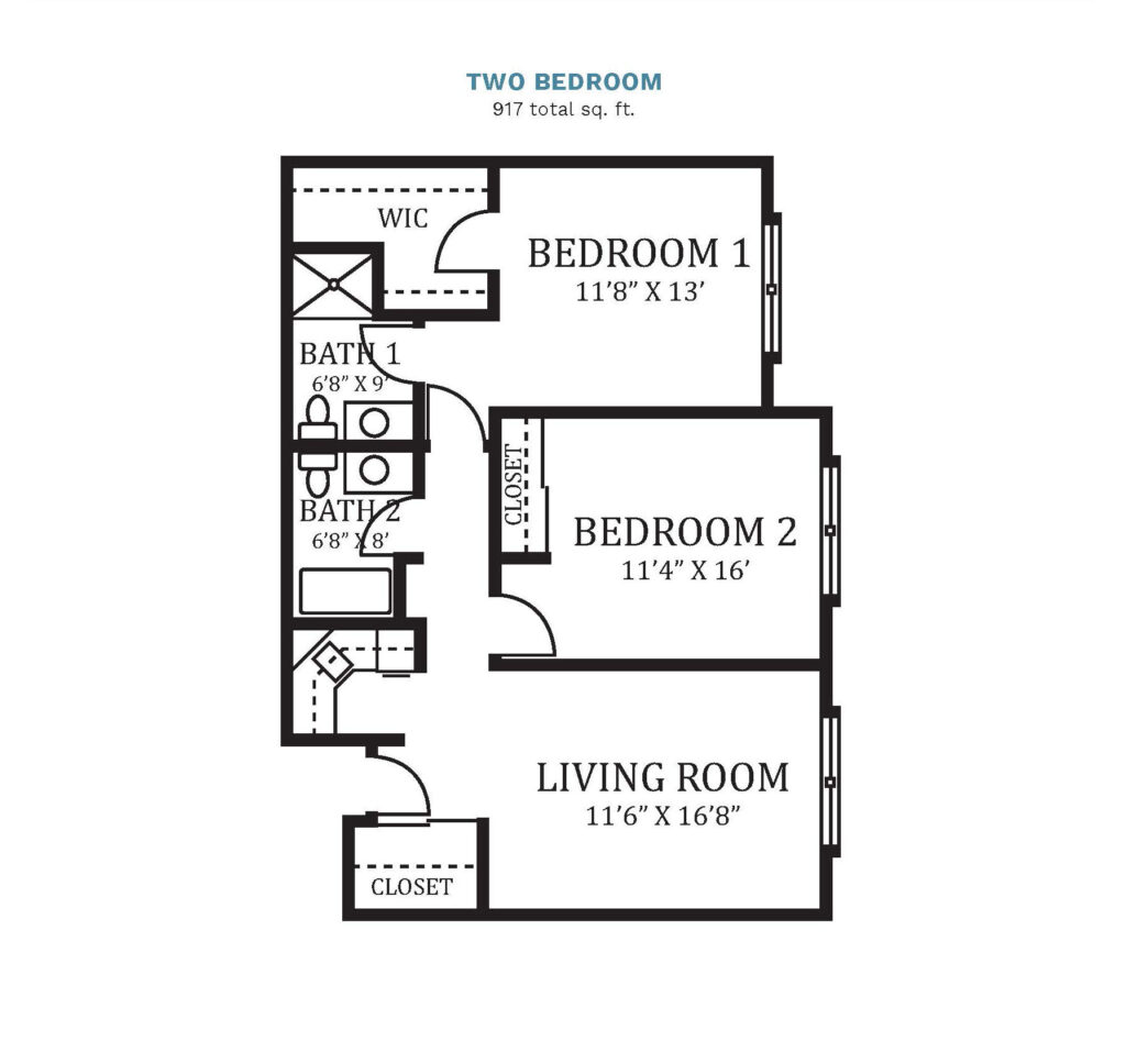 Sedgwick Plaza layout for a "Two Bedroom," 917 total square foot apartment. Apartment included 2 bedrooms, 2 bathrooms, a walk in closet, small kitchenette, and a spacious living room.