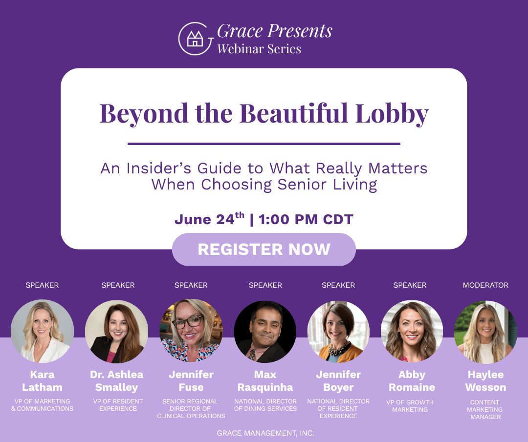 Poster for Grace Presents Webinar Series: 'Beyond the Beautiful Lobby' with date June 24, 1:00 PM CDT and a prominent Register Now button; features seven speakers and a moderator below.