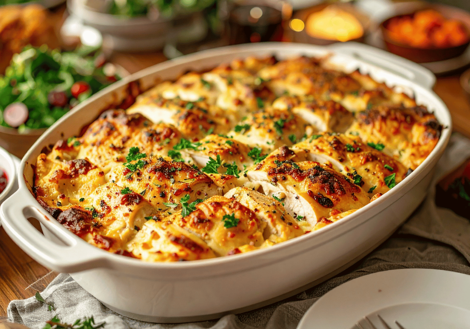 Creamy baked casserole with golden cheese and chopped parsley, served in a white dish.